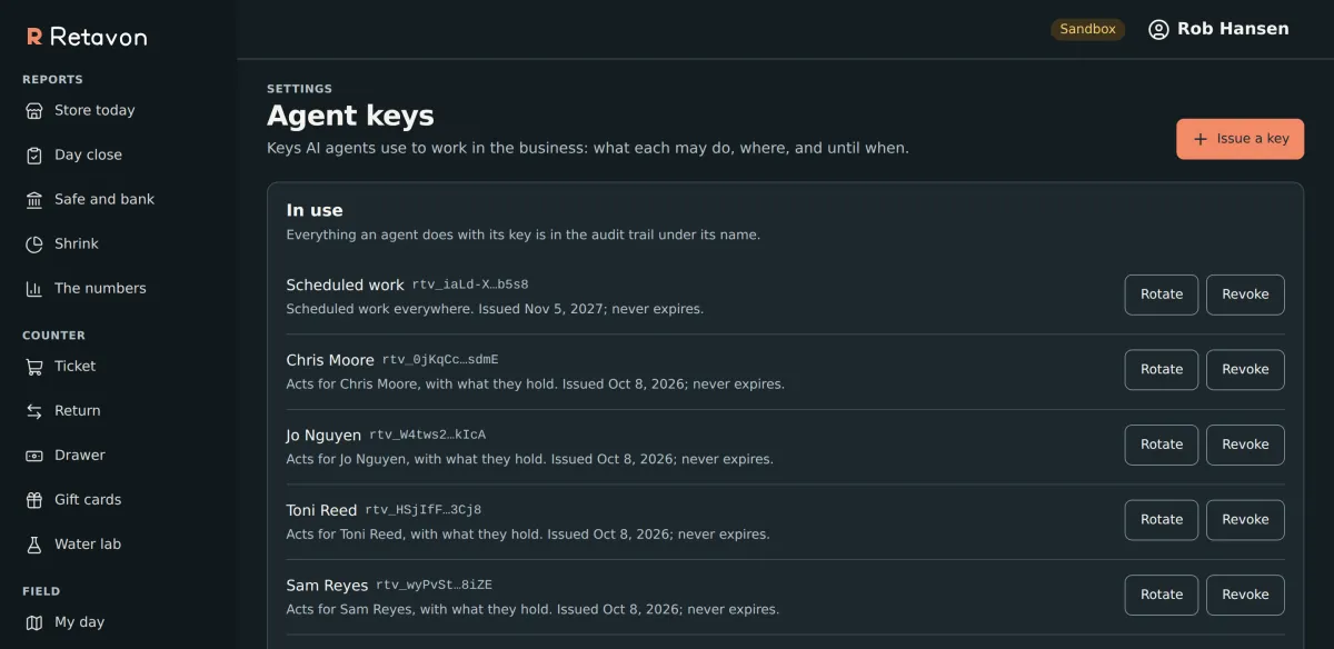 The Agent keys settings screen in Retavon: each key is listed with its name, the start and end of the key, who it acts for, when it was issued and when it expires, with Rotate and Revoke buttons and an Issue a key button.