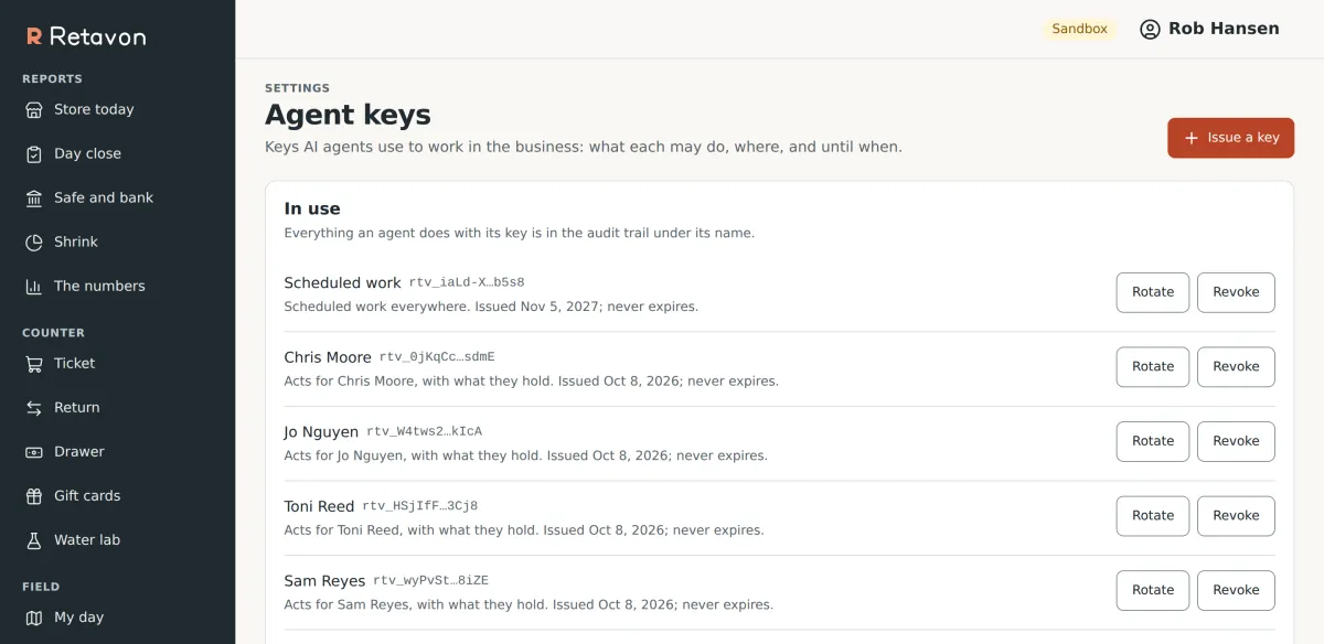 The Agent keys settings screen in Retavon: each key is listed with its name, the start and end of the key, who it acts for, when it was issued and when it expires, with Rotate and Revoke buttons and an Issue a key button.