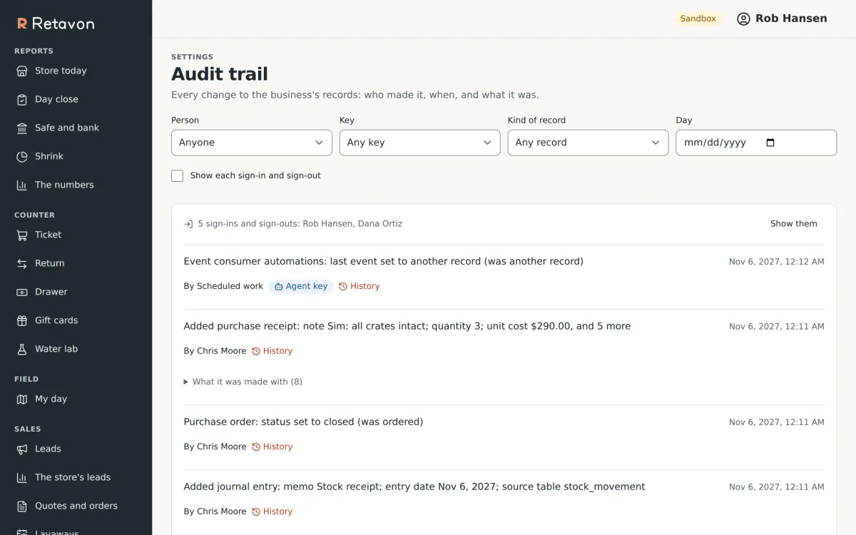 Retavon's audit trail: an entry made by an agent key named Scheduled work, labelled Agent key, listed with entries made by a staff member, each with its time and a link to its history.