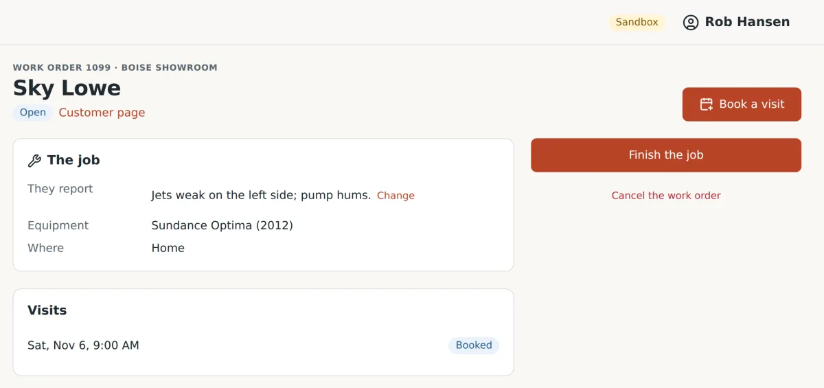Work order 1099 in the Retavon web app: the customer reports weak jets and a humming pump on a 2012 spa, a visit is booked, and the page offers Finish the job and Cancel the work order.