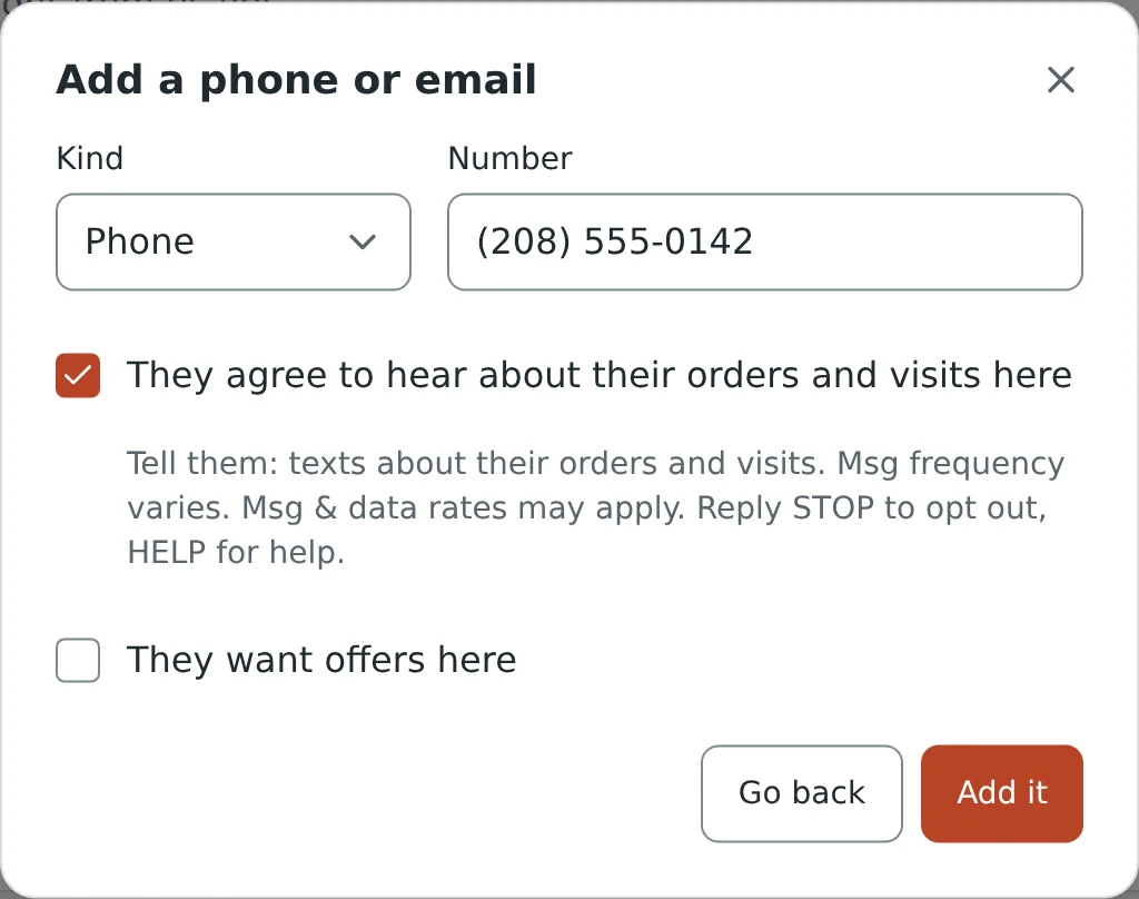 Adding a phone number in Retavon: the number, a ticked box saying they agree to hear about their orders and visits here, the words to tell them about message frequency, rates, STOP and HELP, and a separate unticked box for offers.