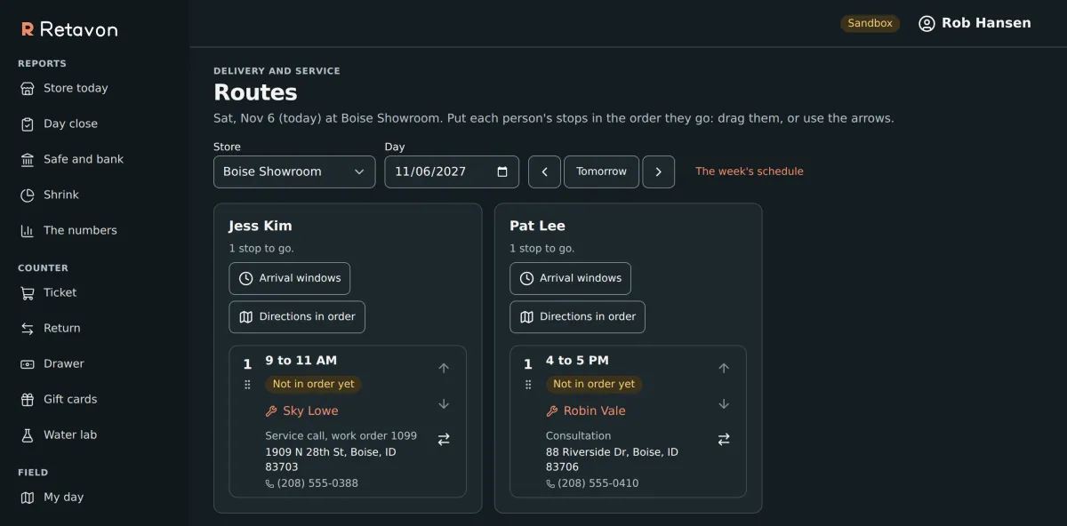 The Routes screen in Retavon: a store and day are chosen, and each crew member's stops are listed in order with arrival windows, directions, the customer, the job and the address.