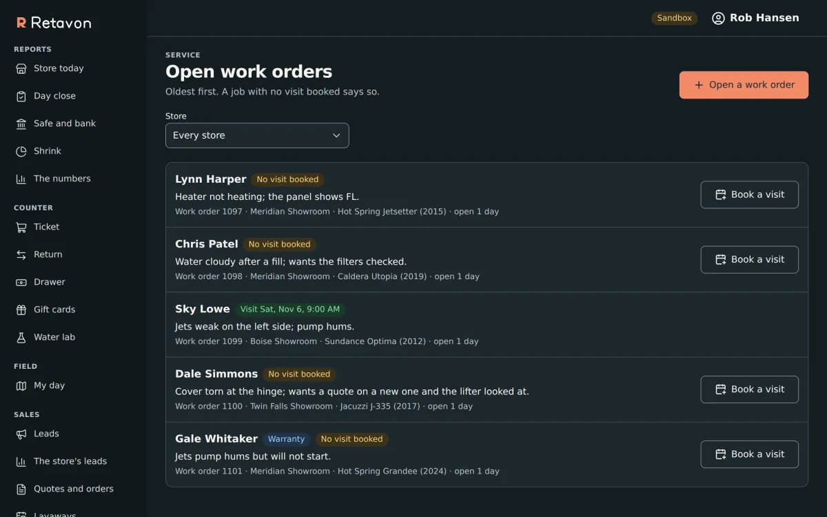 Open work orders in Retavon, oldest first: each shows the customer, what they report, the store, the equipment and its year, how long it has been open, and whether a visit is booked.
