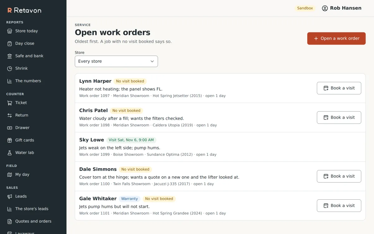 Open work orders in Retavon, oldest first: each shows the customer, what they report, the store, the equipment and its year, how long it has been open, and whether a visit is booked.